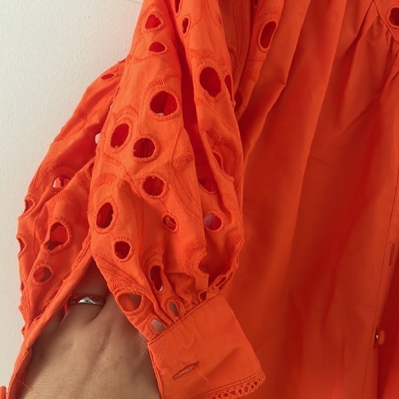 Anthropologie Chatal Eyelet Embellished Button Down Orange Bohemian Blouse Sz XS - Picture 9 of 11